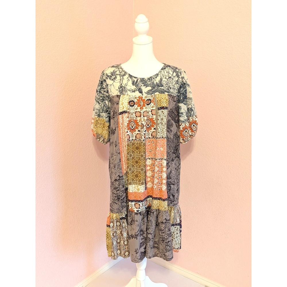 Ces Femme Patchwork Print Boho Swing Dress Puff Sleeve Women's M